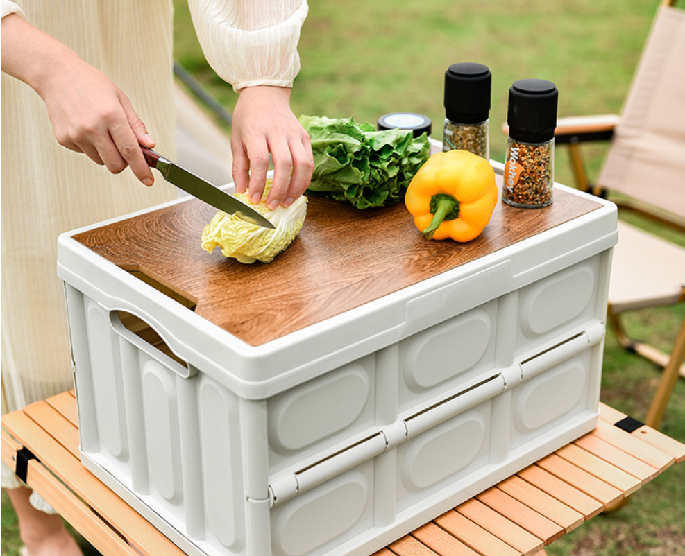 Stackable & Foldable Camping Storage Box with Wooden Lid – Large Capacity Collapsible Organizer for Outdoor, Car, Picnic | Multi-Layer Waterproof Gear Tote
