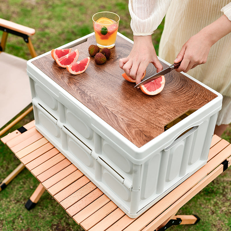 Stackable & Foldable Camping Storage Box with Wooden Lid – Large Capacity Collapsible Organizer for Outdoor, Car, Picnic | Multi-Layer Waterproof Gear Tote
