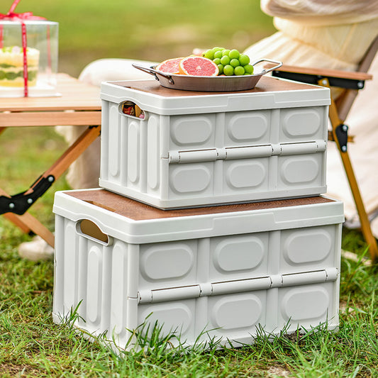 Stackable & Foldable Camping Storage Box with Wooden Lid – Large Capacity Collapsible Organizer for Outdoor, Car, Picnic | Multi-Layer Waterproof Gear Tote